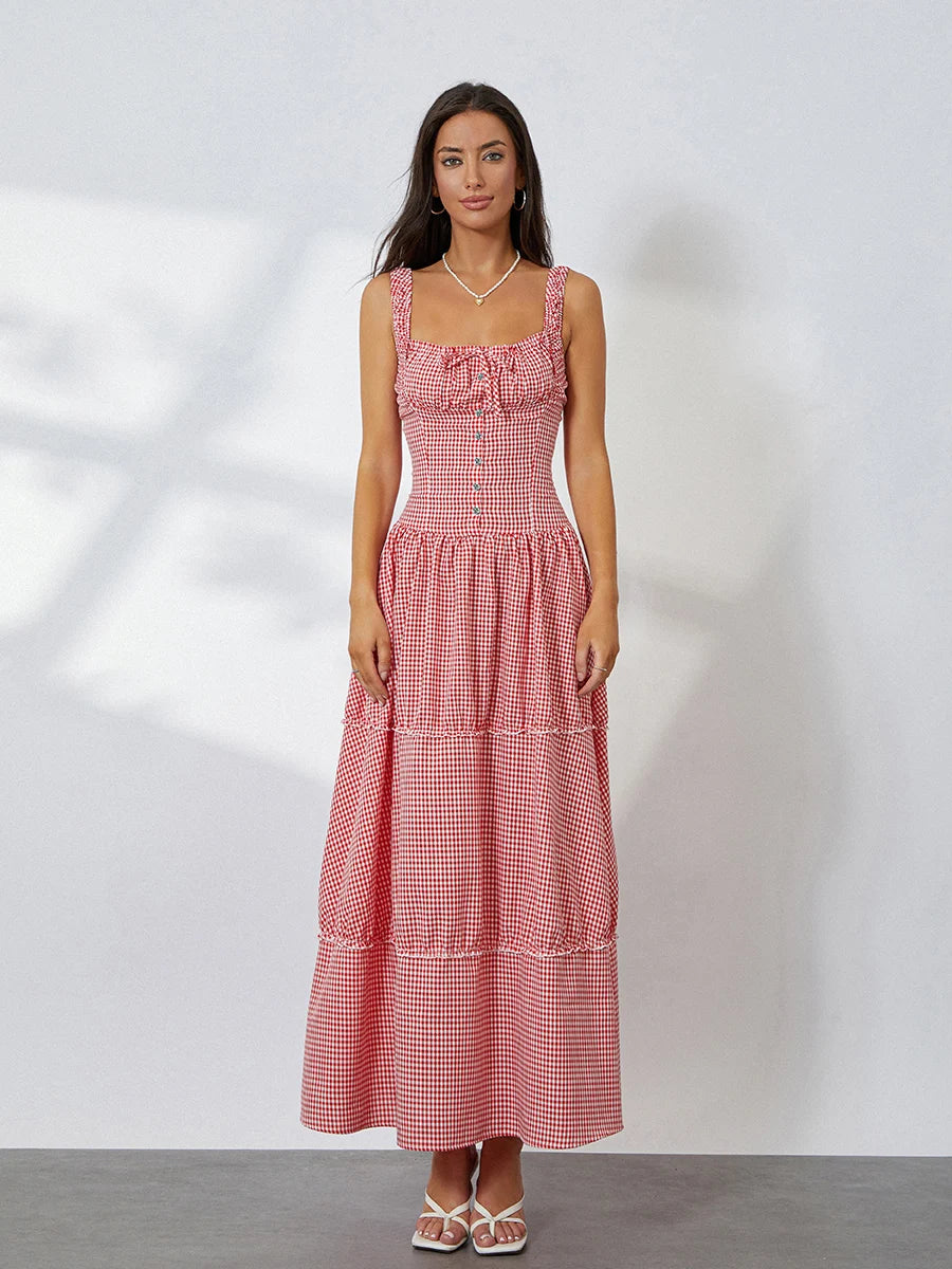 Women Summer Sleeveless Casual Plaid Print Ruffle Party Dress for Cocktail Beach Club Streetwear
