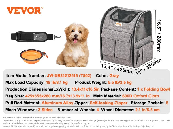 SucceBuy Pet Cat Carrier Breathable Dog Carry Backpack with Telescopic Handle Wheels and Shoulder Strap for Travel