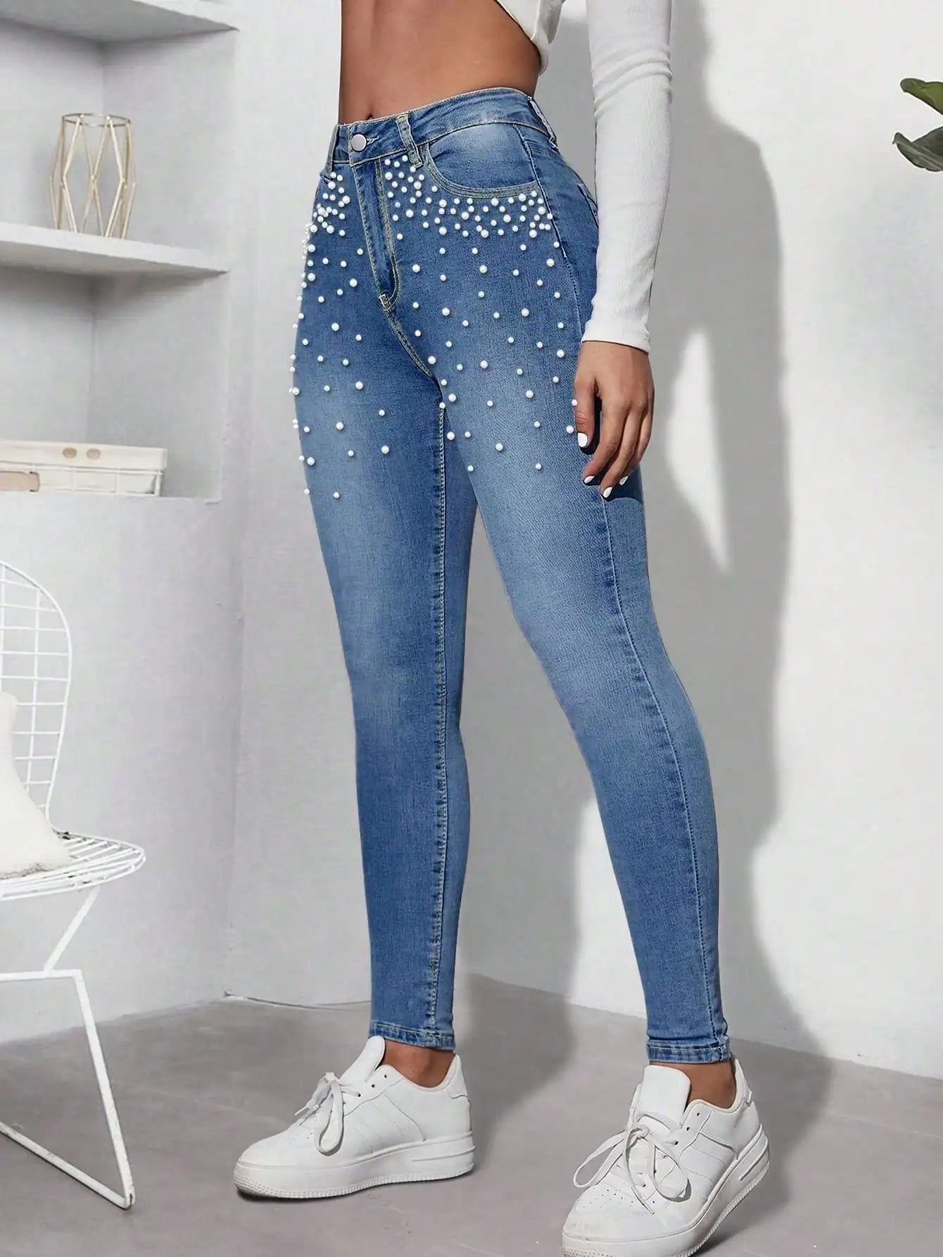 Women's Y2K Retro High - waisted Straight - leg Street - style Skinny and Sexy Long Denim Pants with Gradient - decorated Diamon