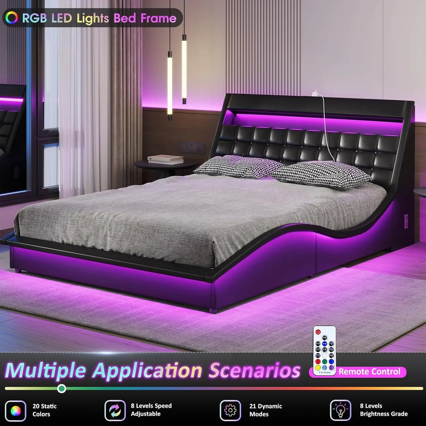 Vabches Full Size Bed Frame with Wave-Like Curve Design PU Leather Upholstered Platform Bed Frame w Charging Station&LED Lights
