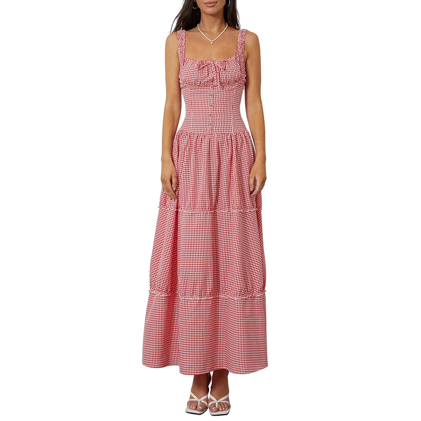 Women Summer Sleeveless Casual Plaid Print Ruffle Party Dress for Cocktail Beach Club Streetwear