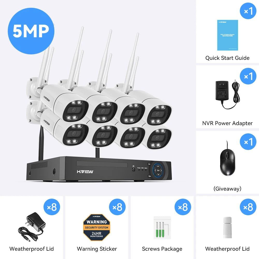 H.View 8CH 5MP Wireless WiFi Camera Security System CCTV Video Surveillance Kit NVR Indoor Outdoor Two Way Audio Xmeye