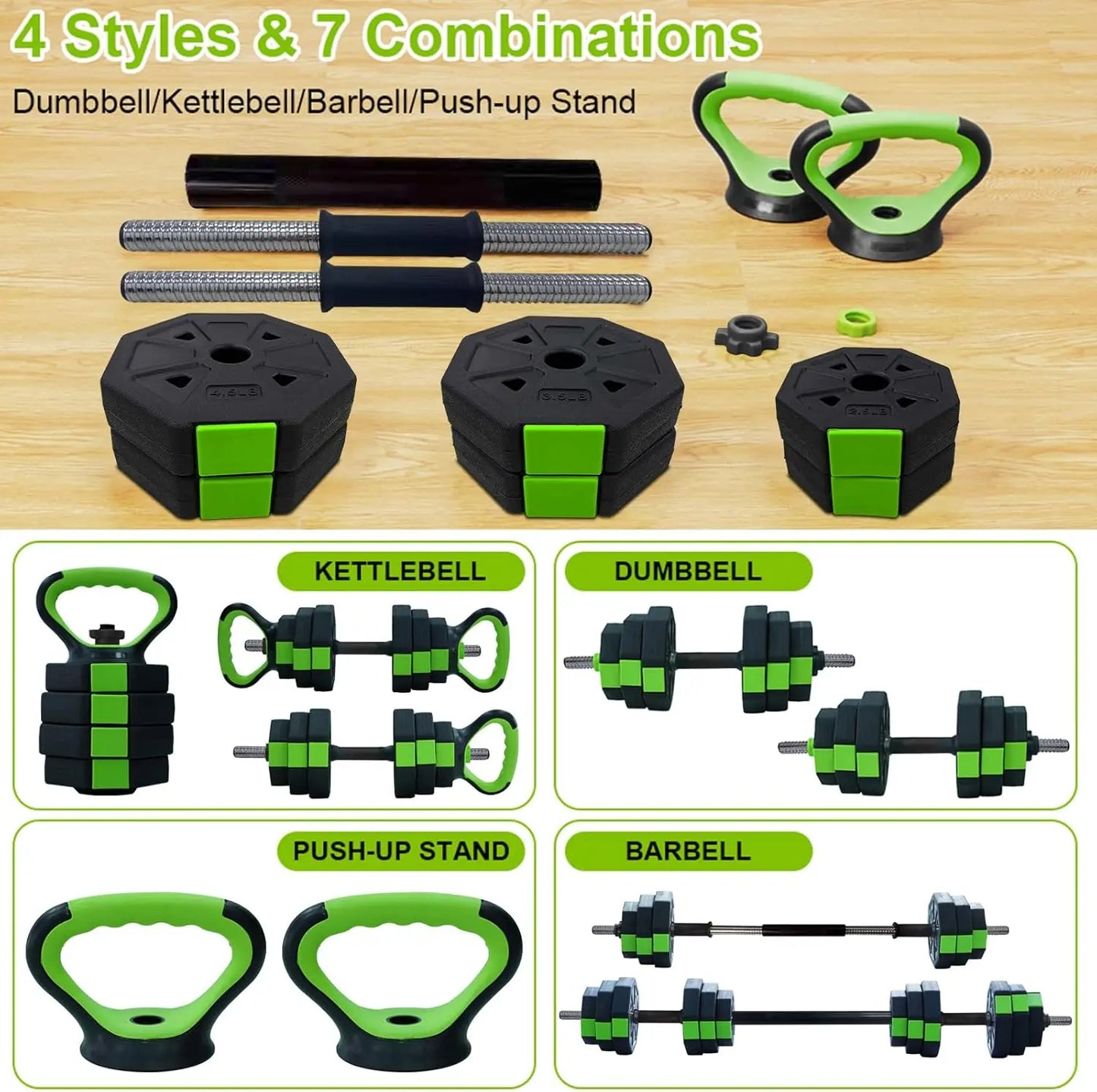 4 in 1 Adjustable Dumbbell Set 44lbs Weight with Iron Handle Kettlebell Barbell Push Up Stand for Home Gym