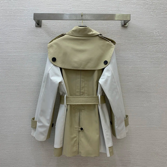 2025 slim new women's clothing contrast color stitching double-breasted belt waist slim lapel long sleeve short windbreaker jack