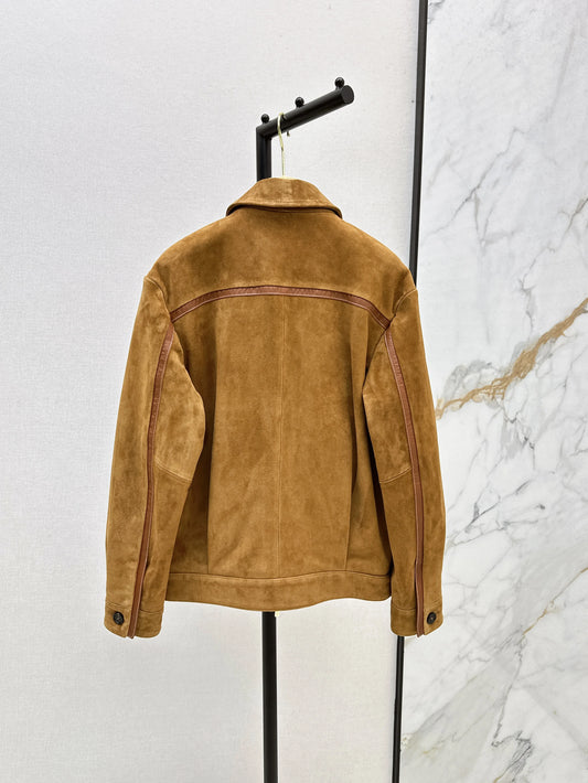 2025 Early Autumn New Lapel Jacket Leather Jacket Suede Suede Craftsmanship Color Blocking Patchwork Edge Wrapping Suede WYY-218