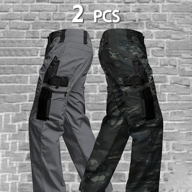 2 Pcs Multi Pockets Cargo Trousers Men's Casual Tactical Pants Wear-resisting Breathable Trousers Outdoor Hiking Pants