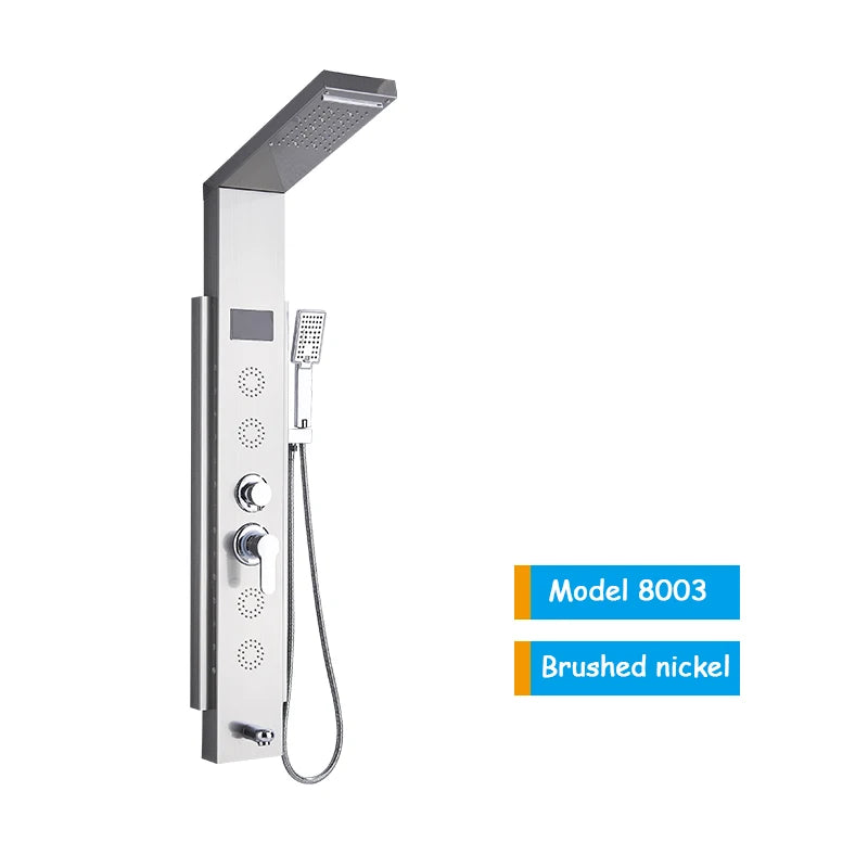 Luxury LED Shower Column Faucet Brushed Nickel SPA Massage Jet Shower Panel Tower Tap Digital Temperature Screen Bathroom Faucet