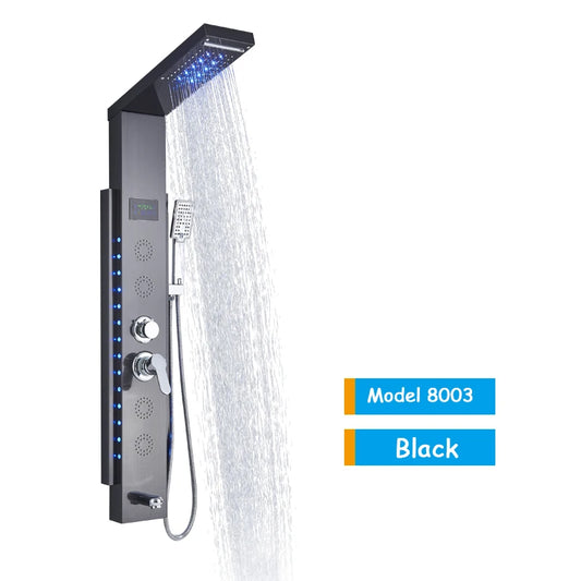 Luxury LED Shower Column Faucet Brushed Nickel SPA Massage Jet Shower Panel Tower Tap Digital Temperature Screen Bathroom Faucet