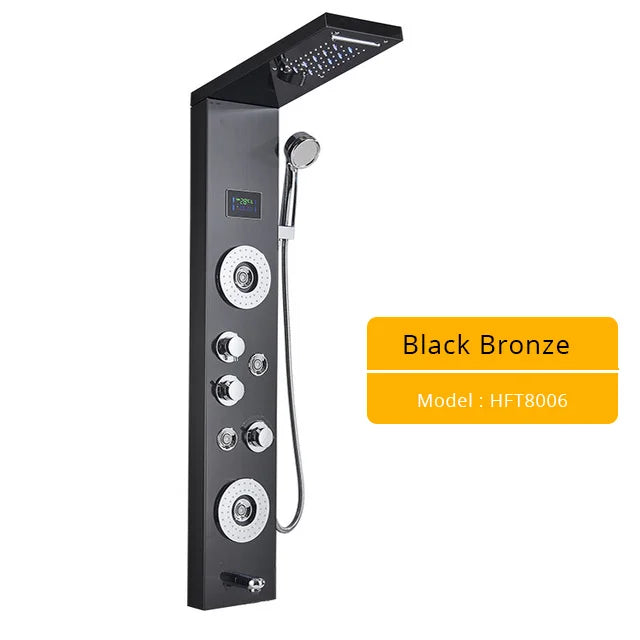 Luxury LED Shower Column Faucet Brushed Nickel SPA Massage Jet Shower Panel Tower Tap Digital Temperature Screen Bathroom Faucet