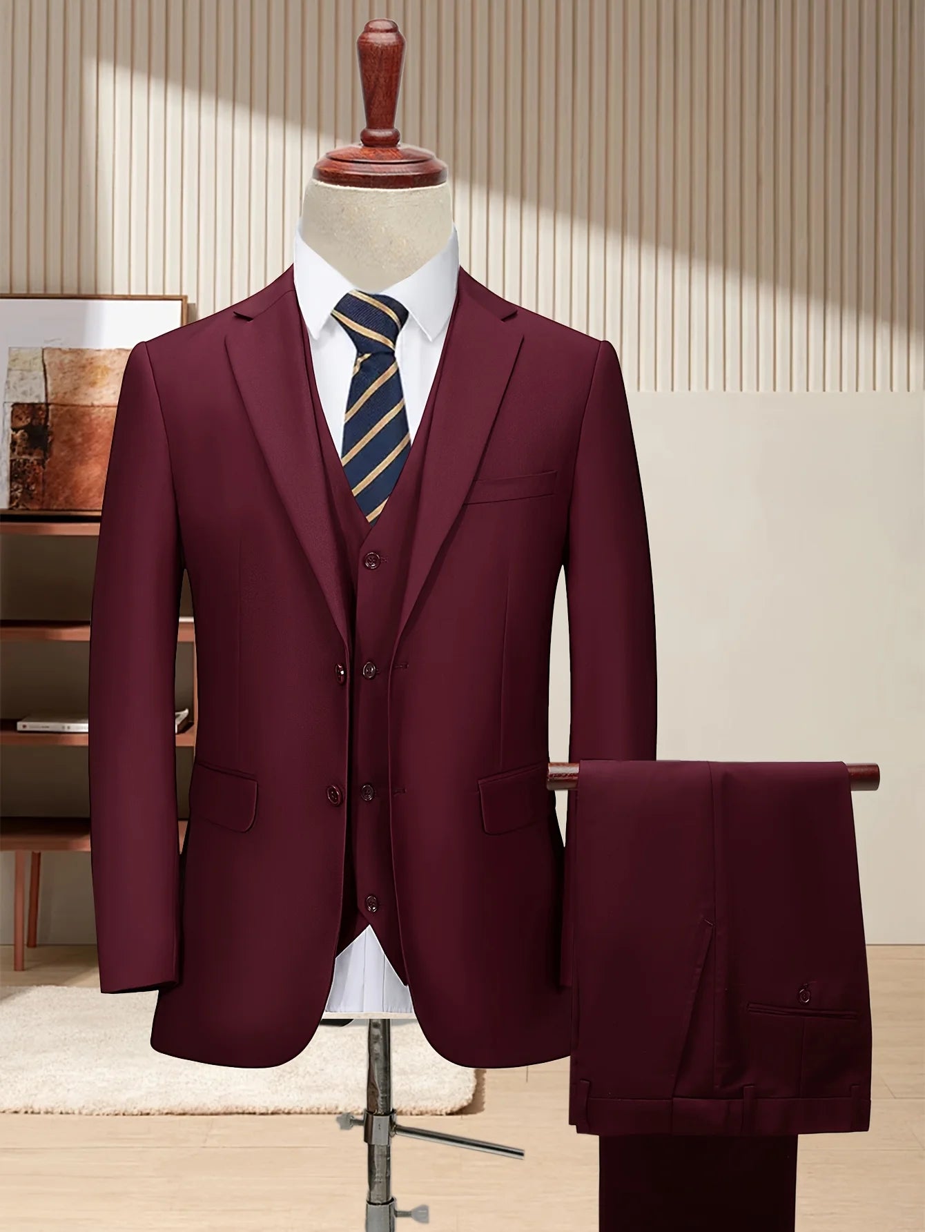 [Two Button Lapel] Men's 3pcs Business Suit | Solid Color | Two Button Lapel Jacket Vest Trouser Set | Wedding Business Tuxedo