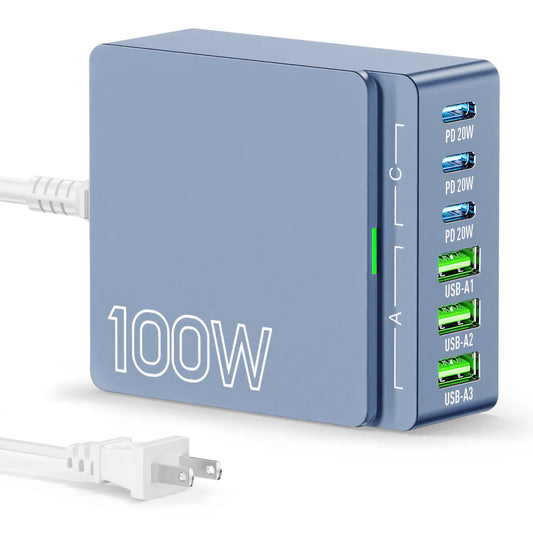 100W 6-Port GaN Quick Charge Hub PD 3.0 Type C and USB A Charging Case for Cell Phone Tablet Laptop