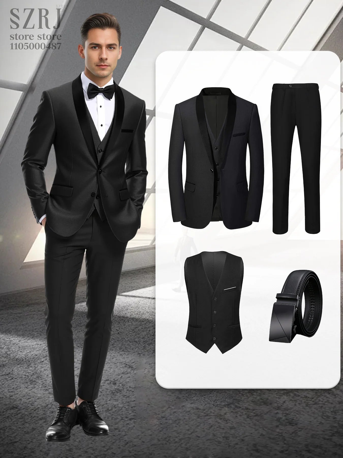4pcs Men's Formal Suit Set: Tuxedo, Vest, Pants, Belt with .Classic Elegant Attire for Business, Party, Banquet, Job Interview