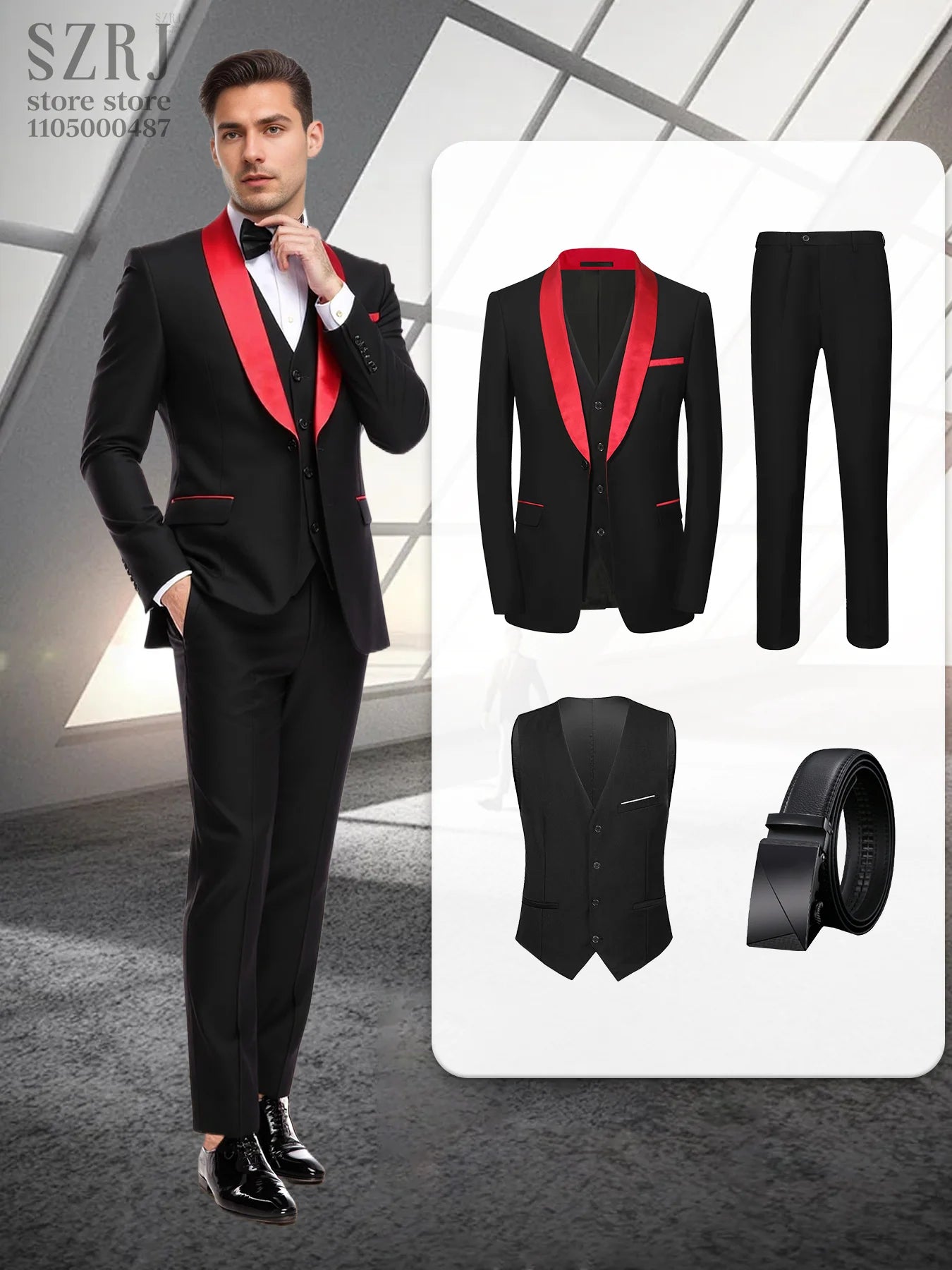 4pcs Men's Formal Suit Set: Tuxedo, Vest, Pants, Belt with .Classic Elegant Attire for Business, Party, Banquet, Job Interview