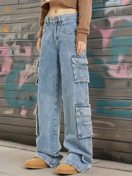Women's street loose straight leg jeans with practical workwear pockets and floor standing hanging hems | Women's street pants w