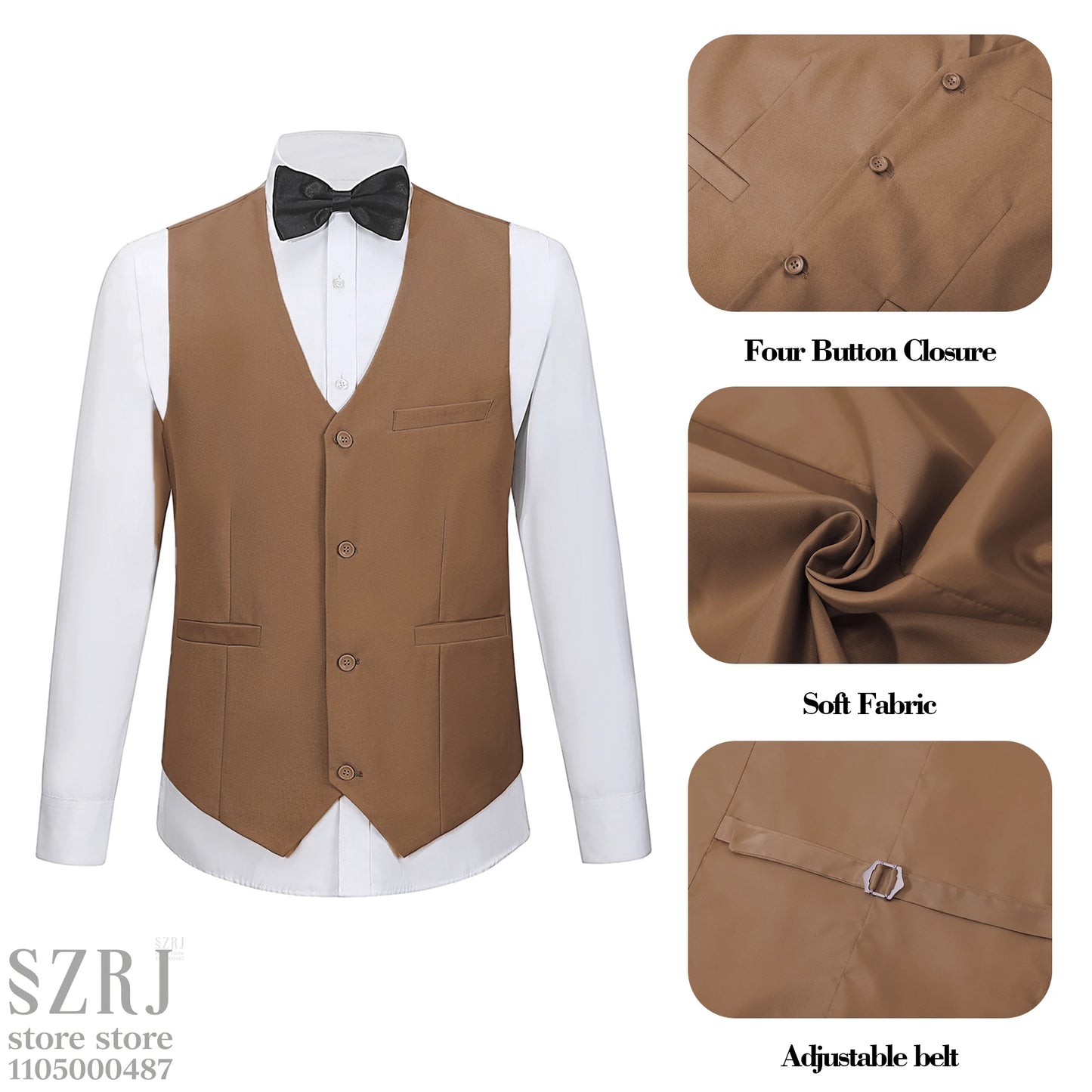 4pcs Men's Formal Suit Set: Tuxedo Vest, Pants, Bowtie, Solid Lapel Collar - Classic Elegant for Business/Party/Interview