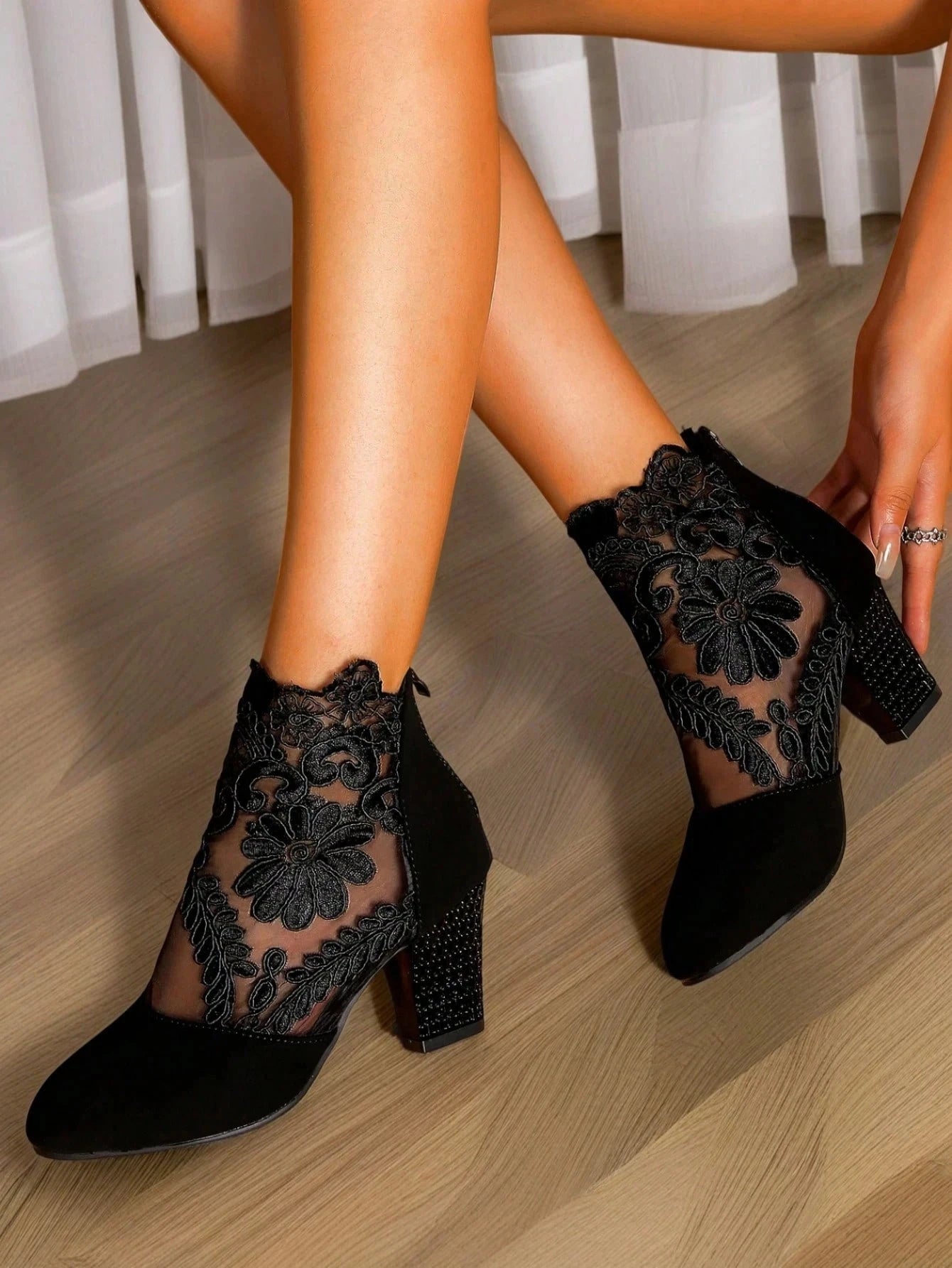 Black Sheer Mesh Boots with Floral Lace - Women's Fashion Chunky Heel Booties, Sexy Pointed Toe Party Shoes for Fall/Winter