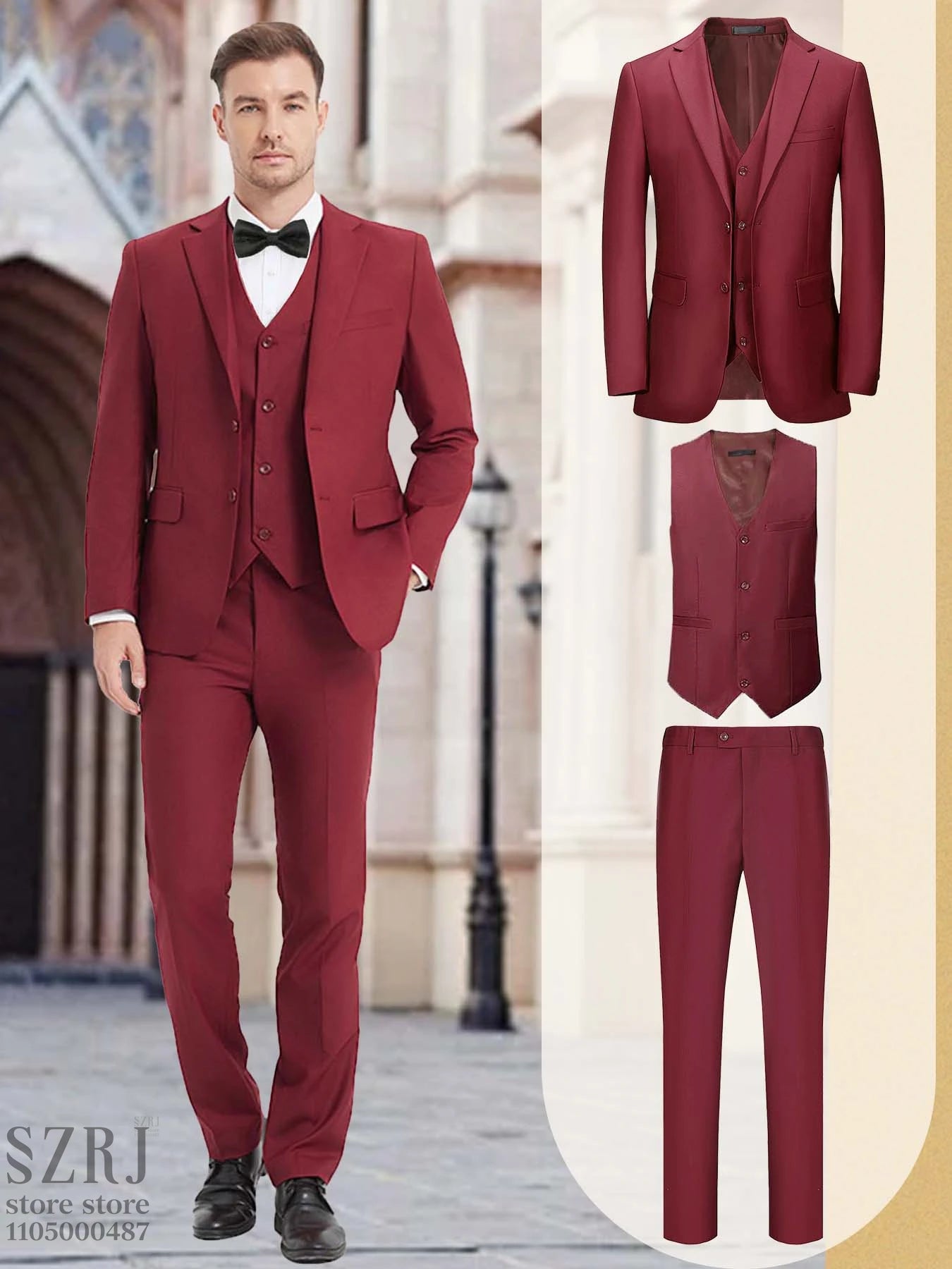 [Two Button Lapel] Men's 3pcs Business Suit | Solid Color | Two Button Lapel Jacket Vest Trouser Set | Wedding Business Tuxedo