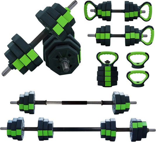4 in 1 Adjustable Dumbbell Set 44lbs Weight with Iron Handle Kettlebell Barbell Push Up Stand for Home Gym