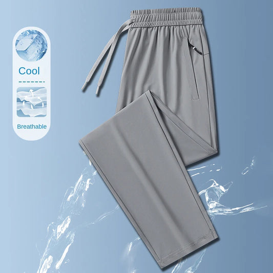 Ice Silk Men's trousers 2024 summer black-and-gray thin style business casual pants outdoor stretch breathable straight leg loos