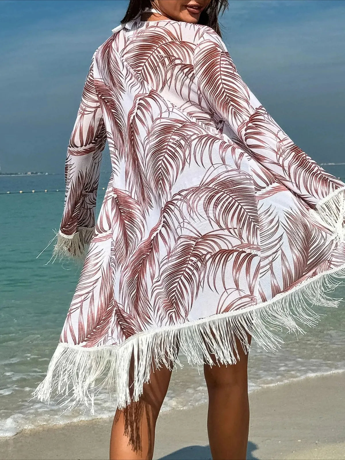Flower Print 2 Piece Swimsuit for Women,long Sleeve Cover-ups Tassel Strips Bikini,low Waist Thong Bandage Bathing Suit,swimwear