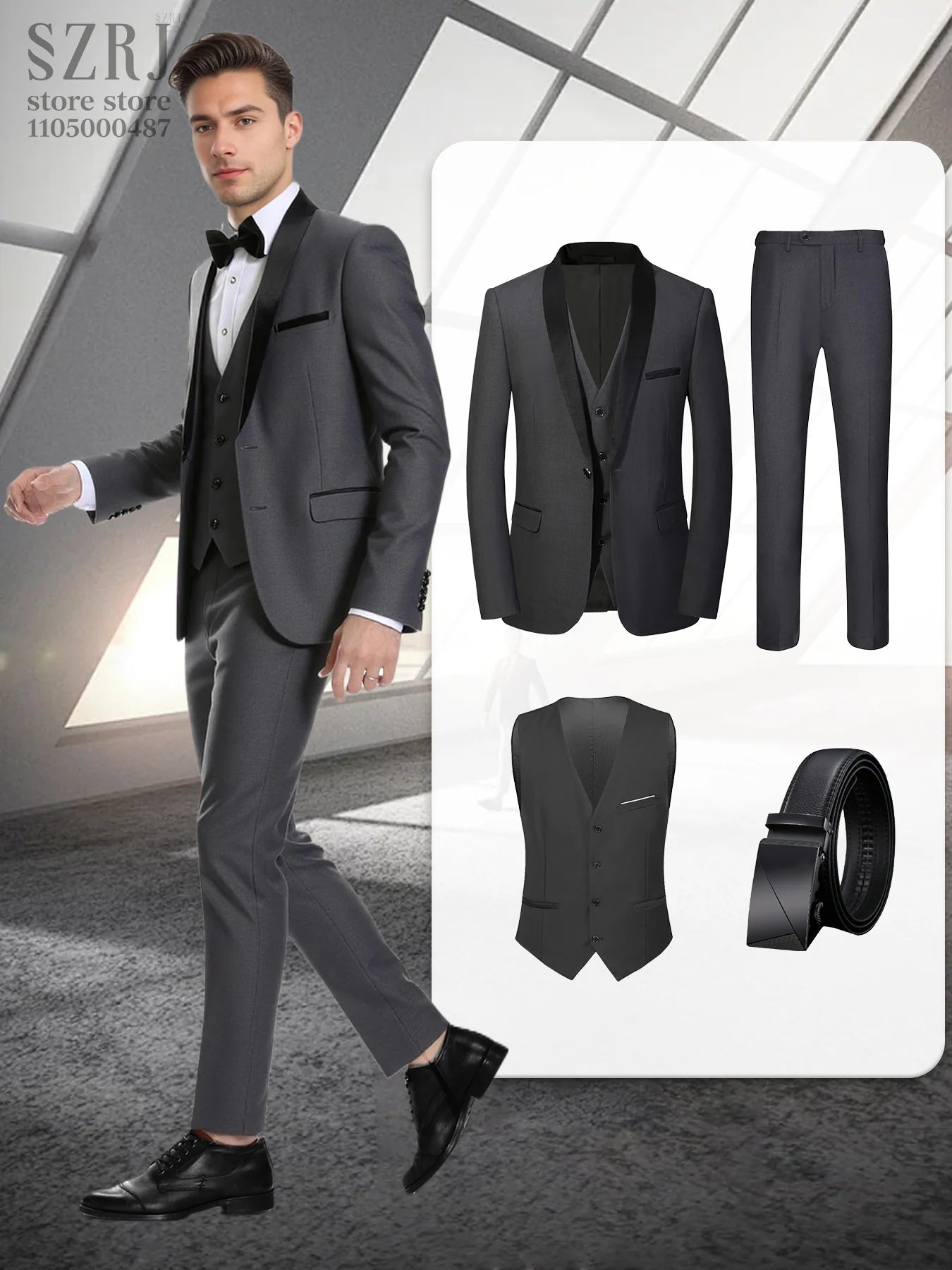 4pcs Men's Formal Suit Set: Tuxedo, Vest, Pants, Belt with .Classic Elegant Attire for Business, Party, Banquet, Job Interview