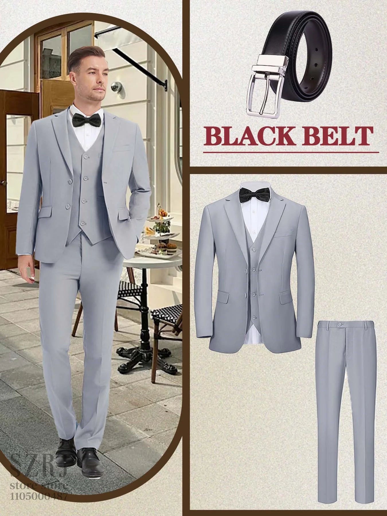 4pcs Men's Formal Suit Set: Tuxedo, Vest, Pants, Belt with .Classic Elegant Attire for Business, Party, Banquet, Job Interview