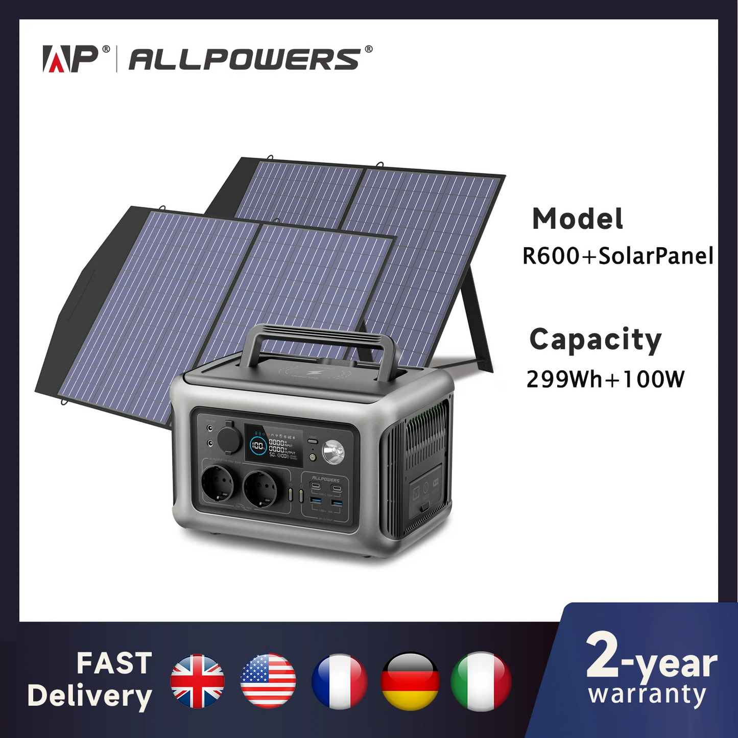 ALLPOWERS 100W 140W 200W Solar Panel Charger with 299Wh LiFePO4 Battery 600W Portable Power Station for Camping and RV