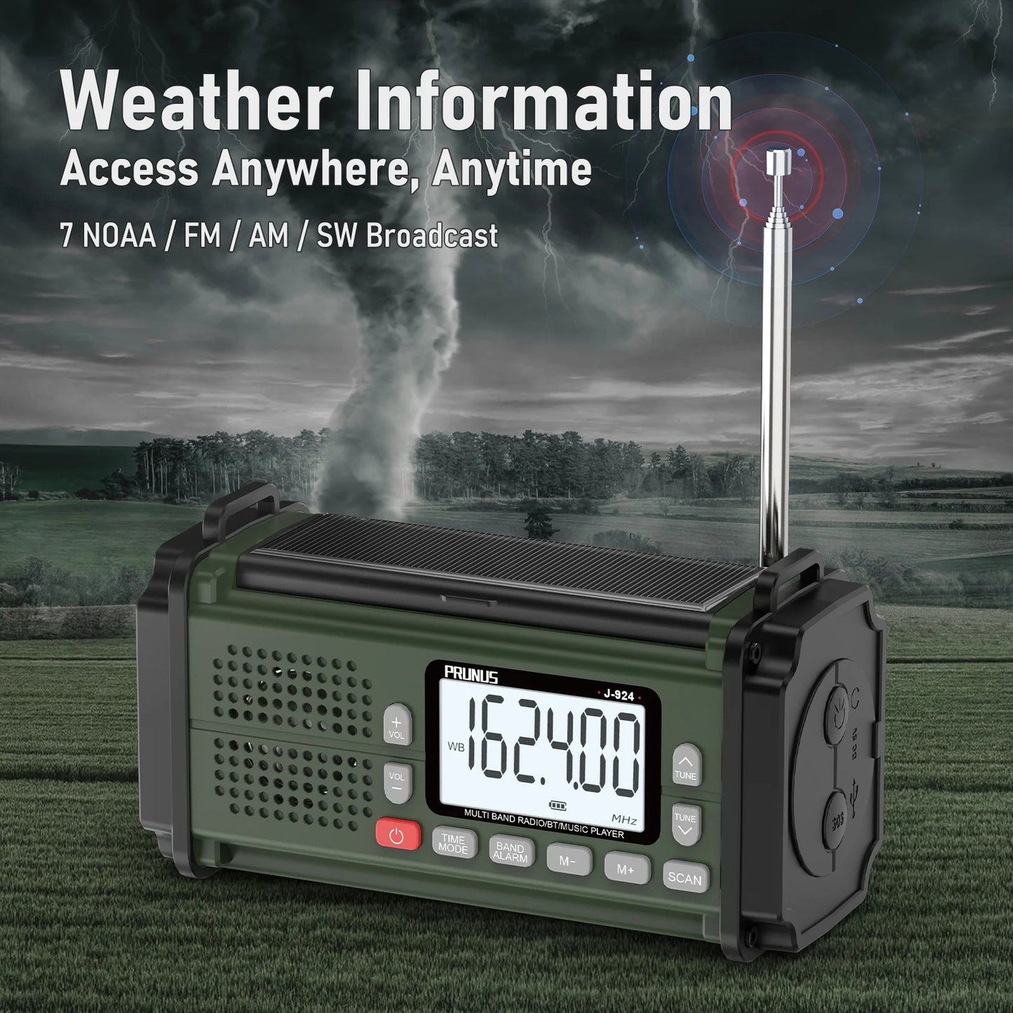 Prunus 924 10000mAh Hand Crank Radio Solar Powered NOAA Weather Radio AM FM SW Emergency Power Bank Light