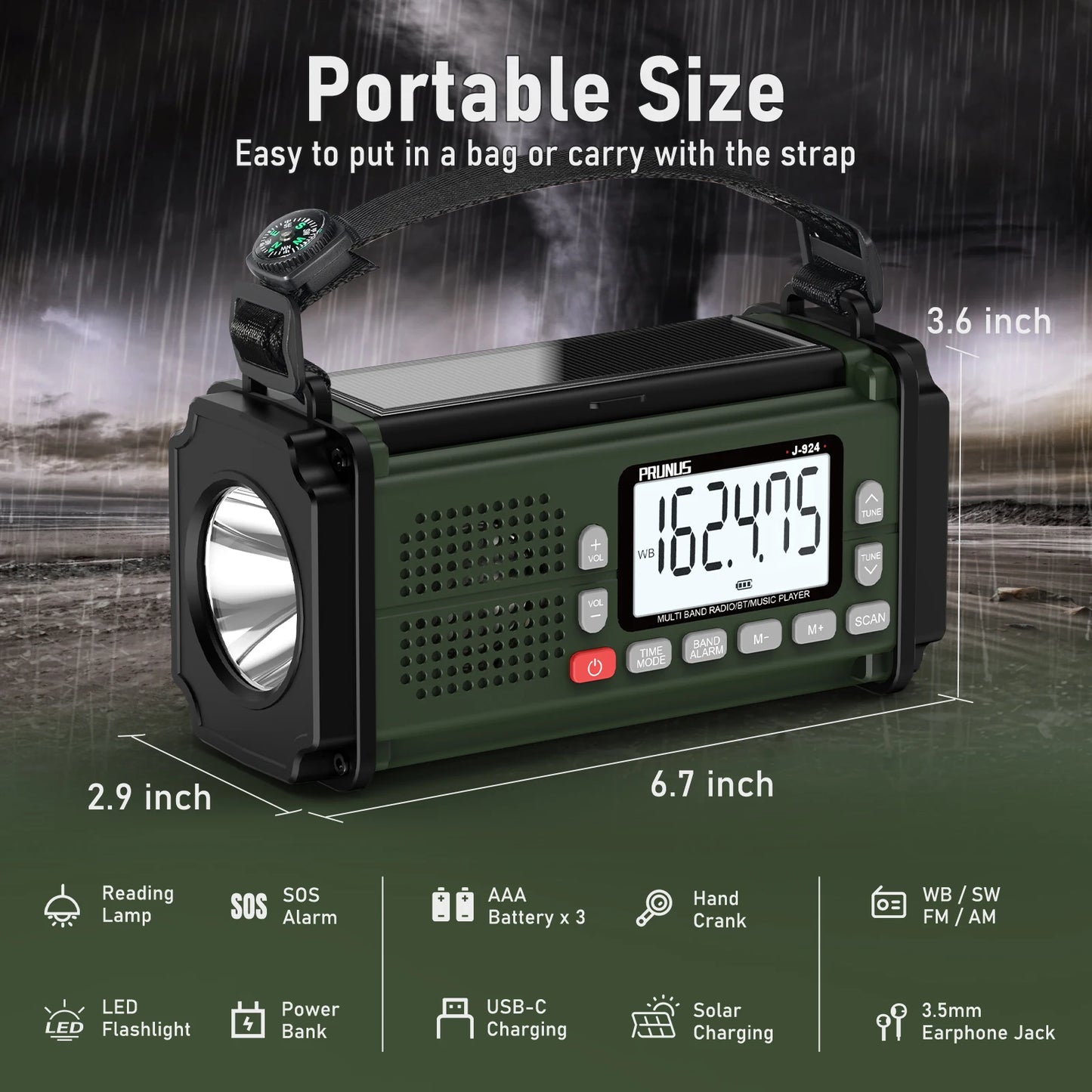Prunus 924 10000mAh Hand Crank Radio Solar Powered NOAA Weather Radio AM FM SW Emergency Power Bank Light