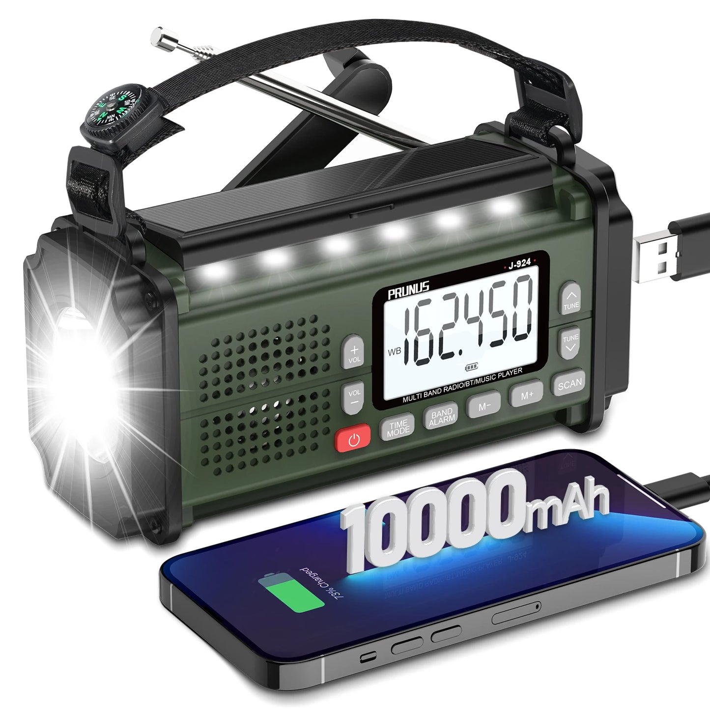 Prunus 924 10000mAh Hand Crank Radio Solar Powered NOAA Weather Radio AM FM SW Emergency Power Bank Light
