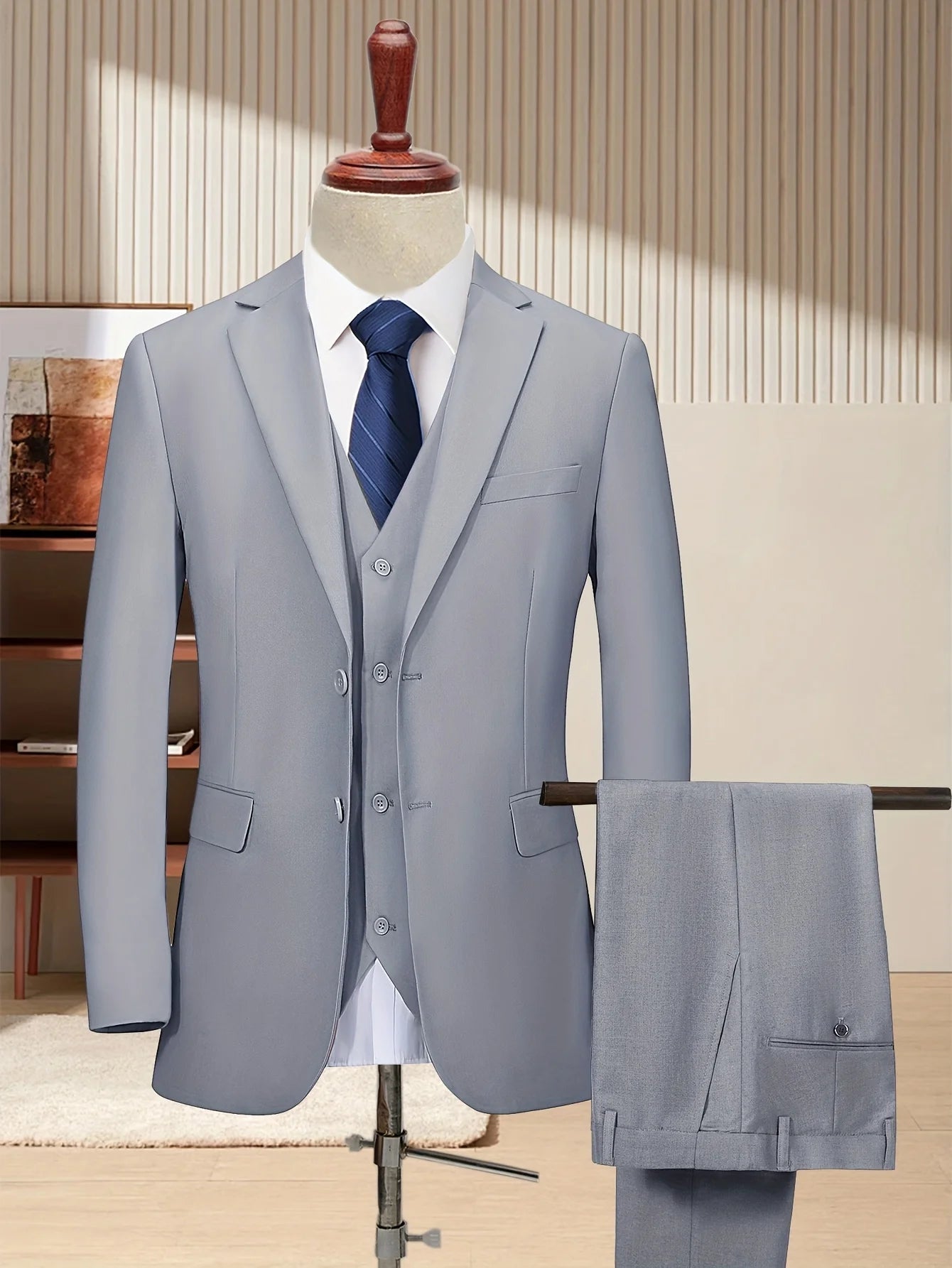 [Two Button Lapel] Men's 3pcs Business Suit | Solid Color | Two Button Lapel Jacket Vest Trouser Set | Wedding Business Tuxedo