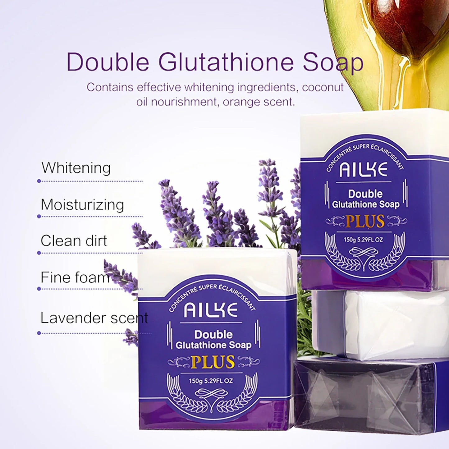 AILKE Double Glutathione PLUS Whitening Soap Bar, Reduce Dark Spots, Deep Clean Skin, Natural Lavender Scented for Face & Body
