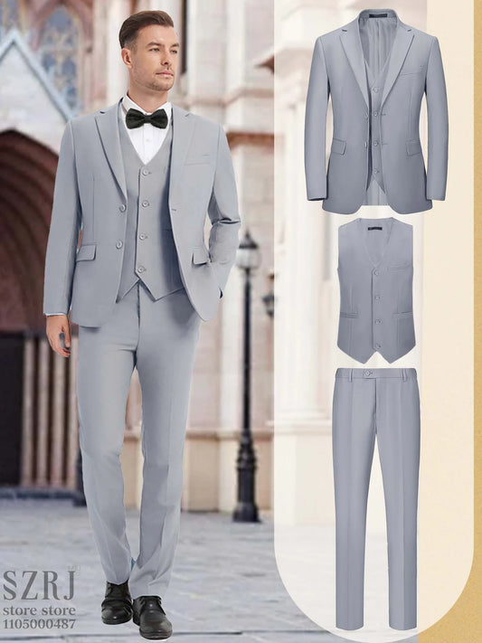[Two Button Lapel] Men's 3pcs Business Suit | Solid Color | Two Button Lapel Jacket Vest Trouser Set | Wedding Business Tuxedo