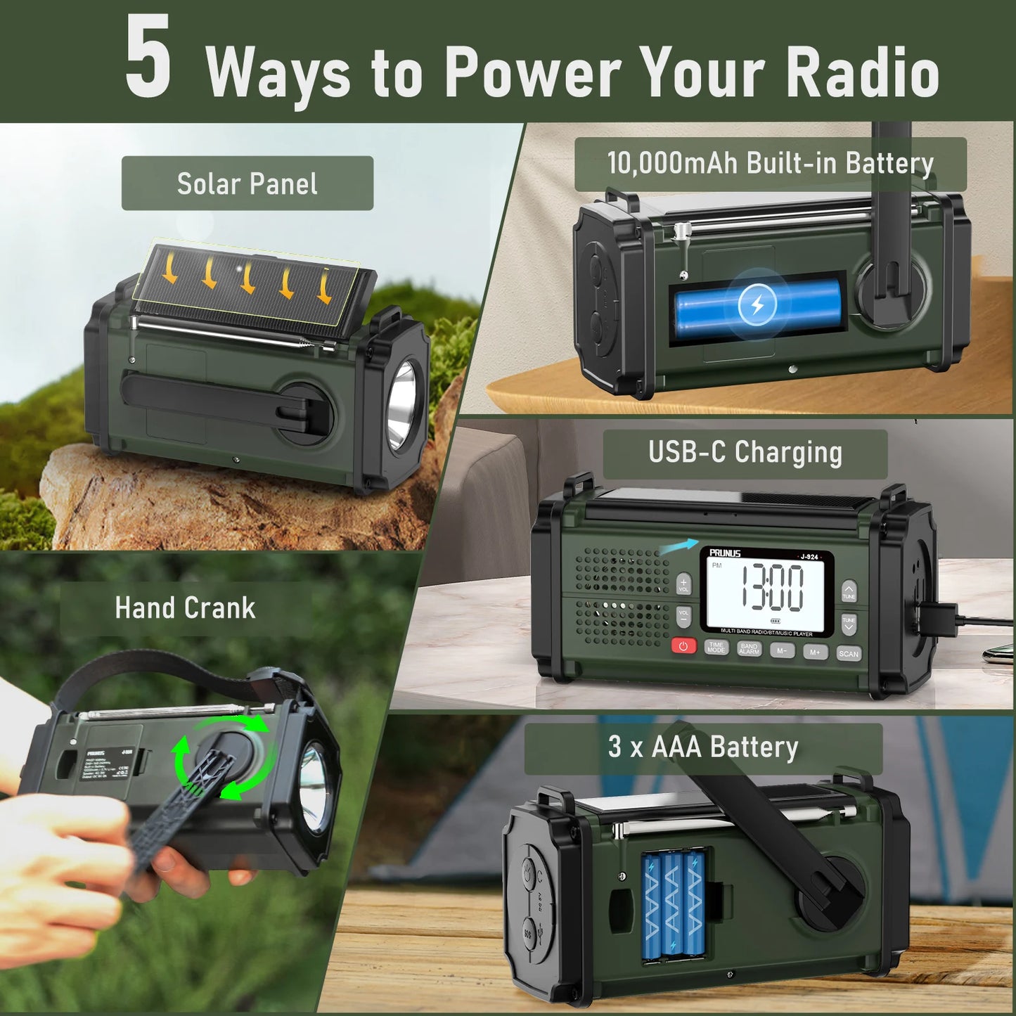 Prunus 924 10000mAh Hand Crank Radio Solar Powered NOAA Weather Radio AM FM SW Emergency Power Bank Light