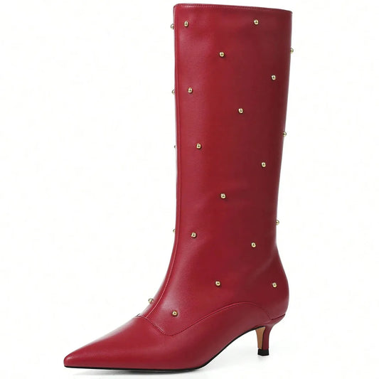 Sexy Rivets Women High Heel Boots Pointed Toe Slip On Mid Calf Shoes Luxury Fashion Design Party Winter Boots For Women