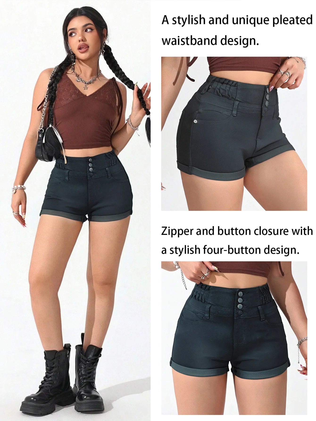 Women's Stretch High - Waist Dark Slate Denim Shorts - Trendy Three - Button & Ruched Look