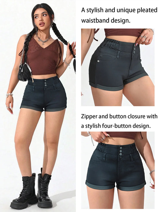 Women's Stretch High - Waist Dark Slate Denim Shorts - Trendy Three - Button & Ruched Look
