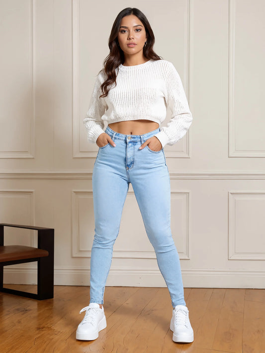 Classic and fashionable blue slim fit tight jeans, height adjustable elastic slanted pocket high waist commuting jeans, women's
