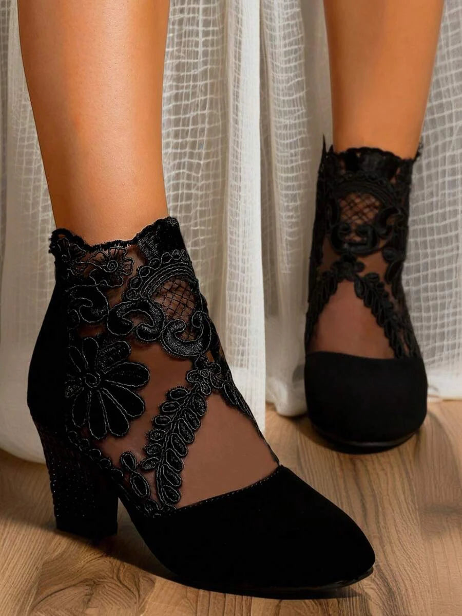 Black Sheer Mesh Boots with Floral Lace - Women's Fashion Chunky Heel Booties, Sexy Pointed Toe Party Shoes for Fall/Winter