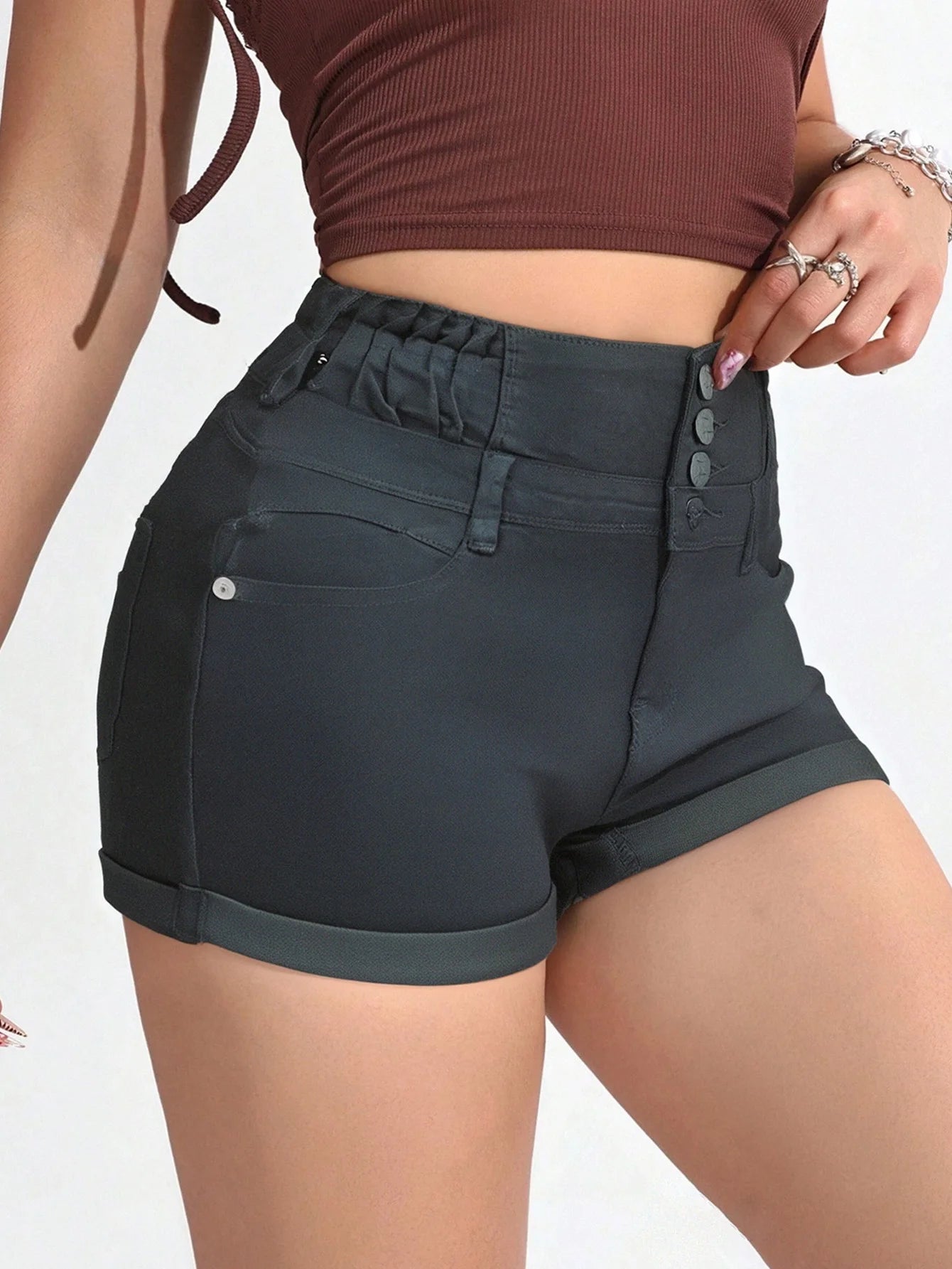 Women's Stretch High - Waist Dark Slate Denim Shorts - Trendy Three - Button & Ruched Look