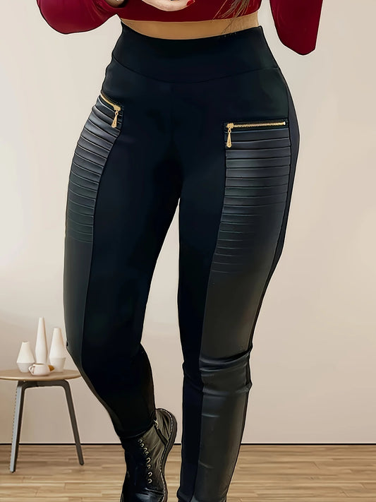 Black Casual Solid Color Stitching Large Size Pants