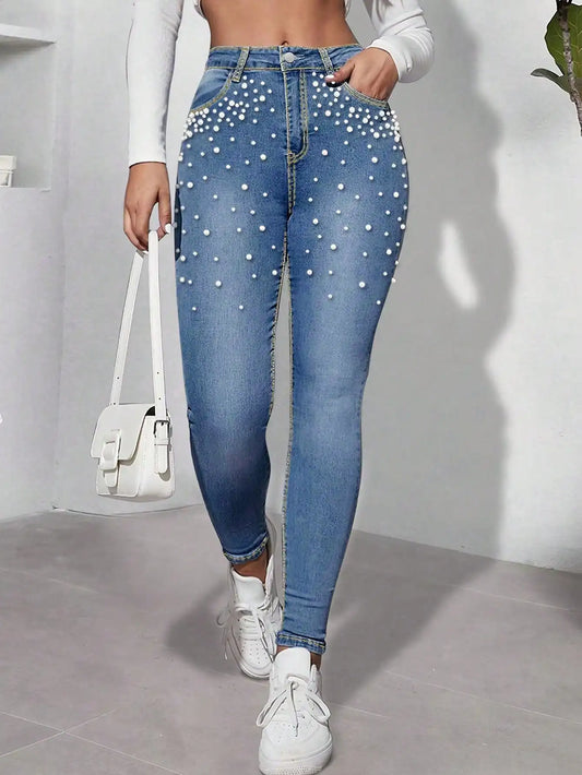 Women's Y2K Retro High - waisted Straight - leg Street - style Skinny and Sexy Long Denim Pants with Gradient - decorated Diamon