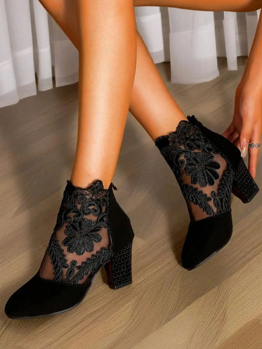 Black Sheer Mesh Boots with Floral Lace - Women's Fashion Chunky Heel Booties, Sexy Pointed Toe Party Shoes for Fall/Winter