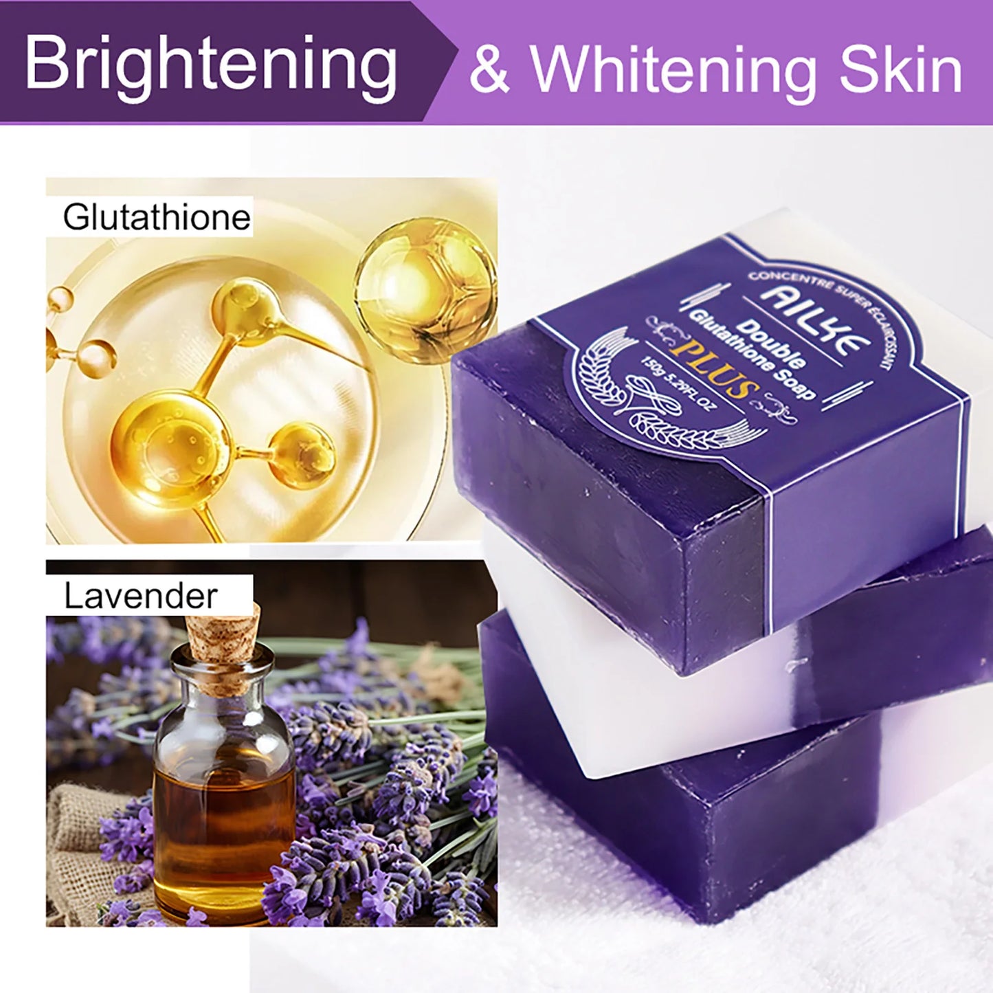 AILKE Double Glutathione PLUS Whitening Soap Bar, Reduce Dark Spots, Deep Clean Skin, Natural Lavender Scented for Face & Body