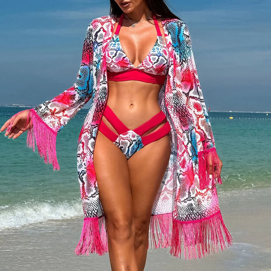 Flower Print 2 Piece Swimsuit for Women,long Sleeve Cover-ups Tassel Strips Bikini,low Waist Thong Bandage Bathing Suit,swimwear