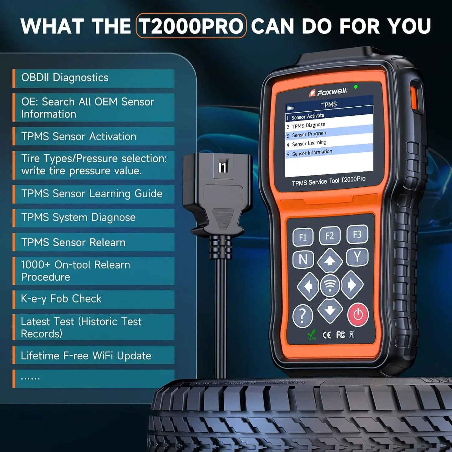 FOXWELL T2000 PRO Auto Tire Pressure Tool TPMS Relearn Activate Sensors Programming Car OBD2 Code Reader Diagnostic Tools