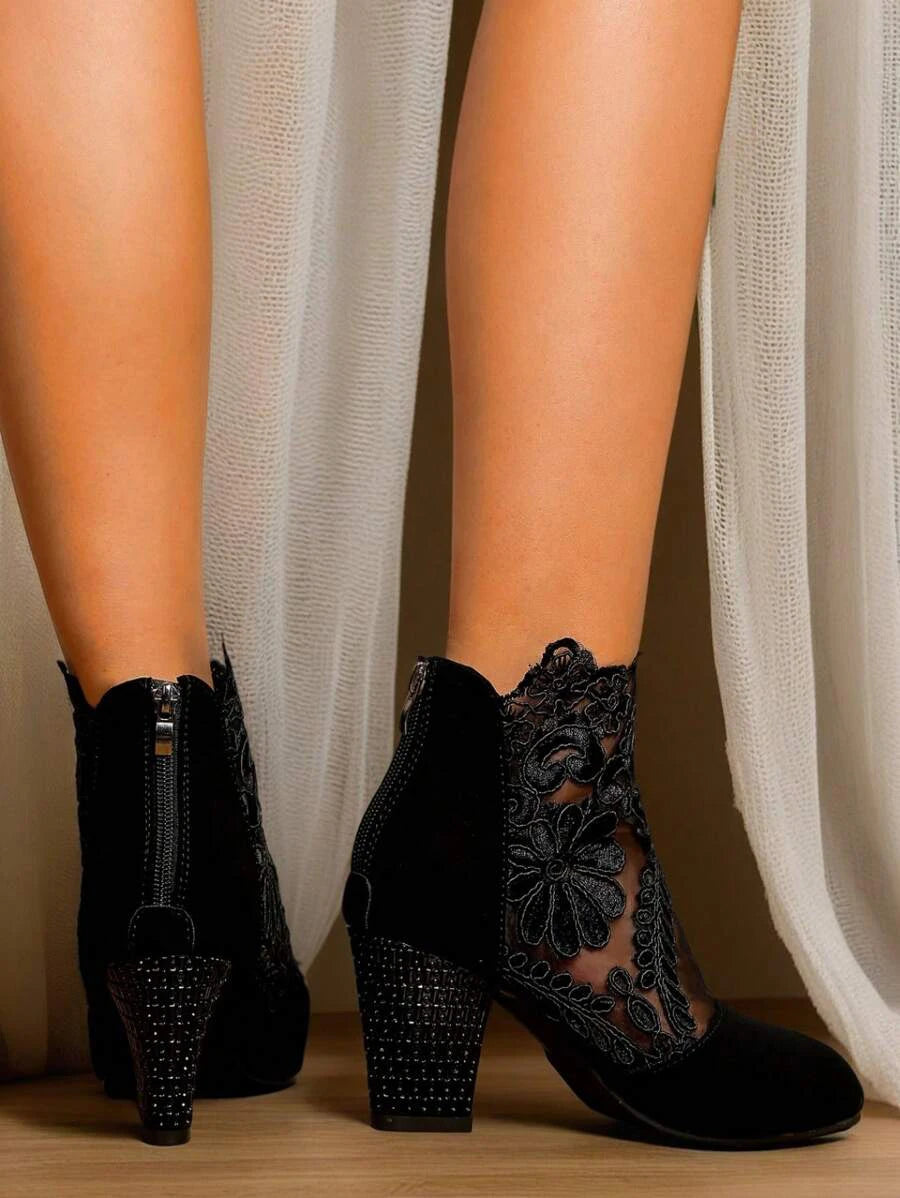 Black Sheer Mesh Boots with Floral Lace - Women's Fashion Chunky Heel Booties, Sexy Pointed Toe Party Shoes for Fall/Winter