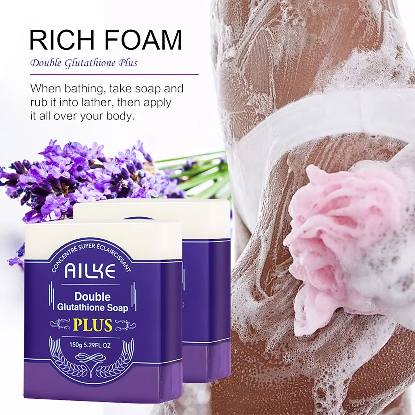 AILKE Double Glutathione PLUS Whitening Soap Bar, Reduce Dark Spots, Deep Clean Skin, Natural Lavender Scented for Face & Body
