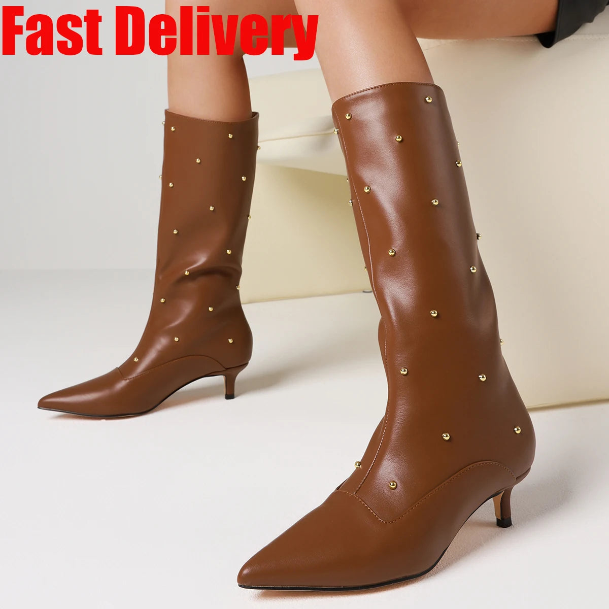 Sexy Rivets Women High Heel Boots Pointed Toe Slip On Mid Calf Shoes Luxury Fashion Design Party Winter Boots For Women