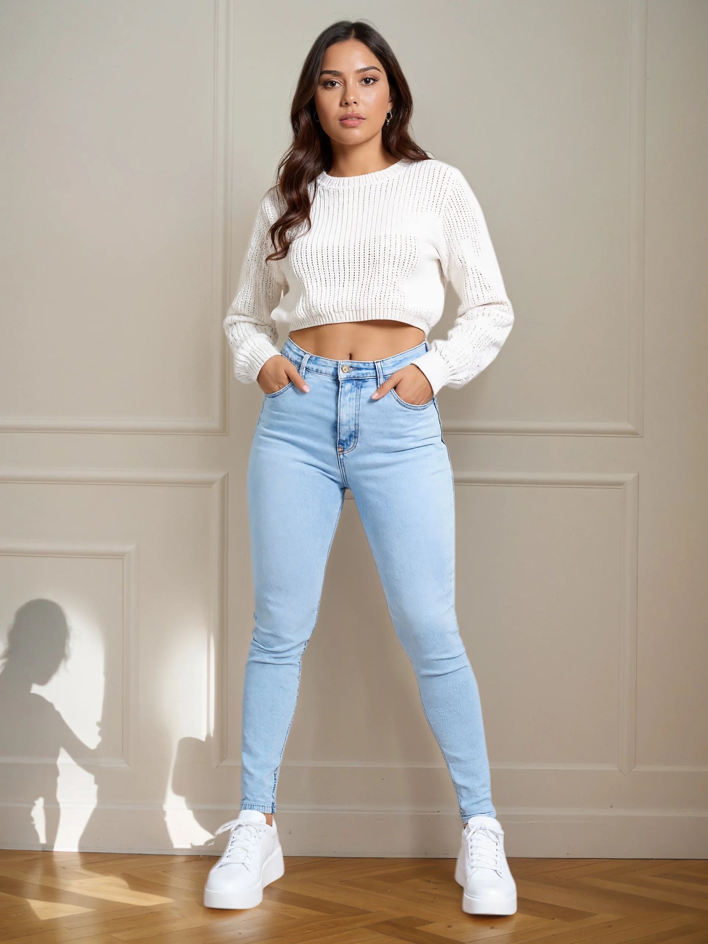 Classic and fashionable blue slim fit tight jeans, height adjustable elastic slanted pocket high waist commuting jeans, women's